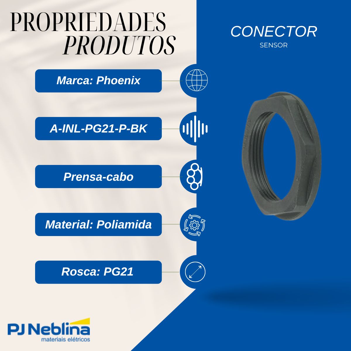 Contra Porca Prensa Cabo 39X36Mm Poliamida Pg21 Preto - Phoenix