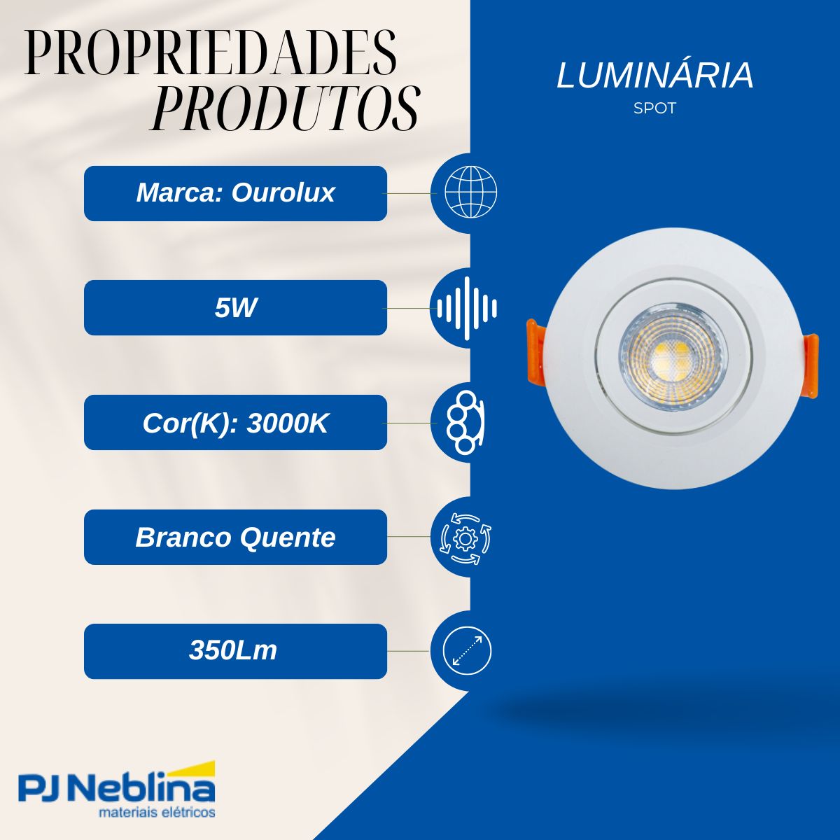Luminária Spot Led Embutir Redondo Branco 5W Bivolt 3000K Branco Quente 350Lm - Ourolux