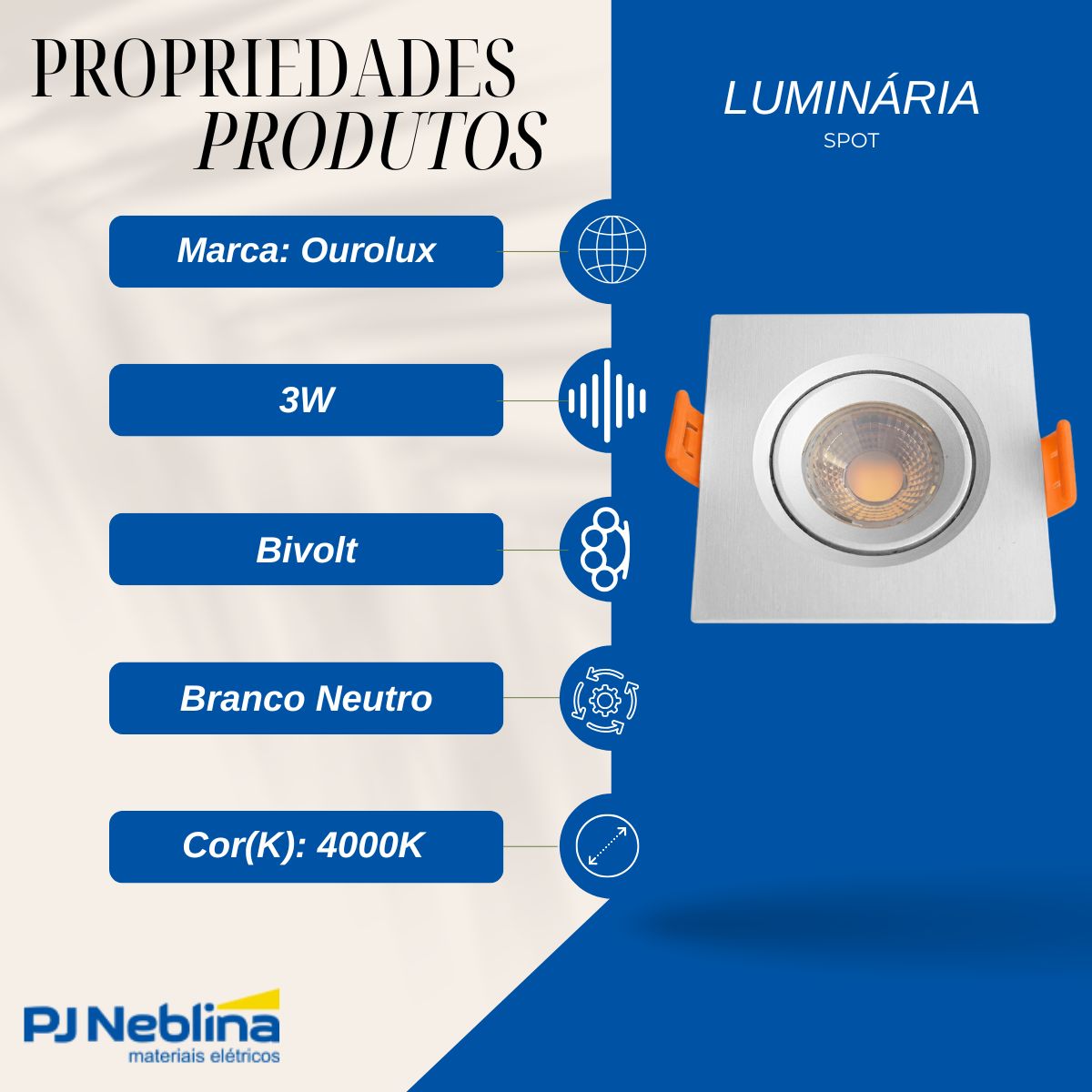 Luminária Spot Led Embutir Quadrado Branco 3W Bivolt 4000K Branco Neutro 230Lm - Ourolux