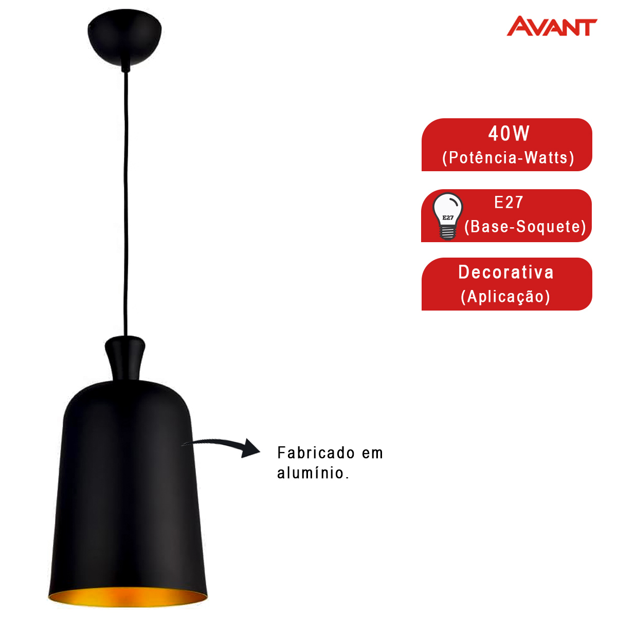 Luminária Pendente Bell Preto Fosco/Dourado 40W E27 310x230mm Concept Avant