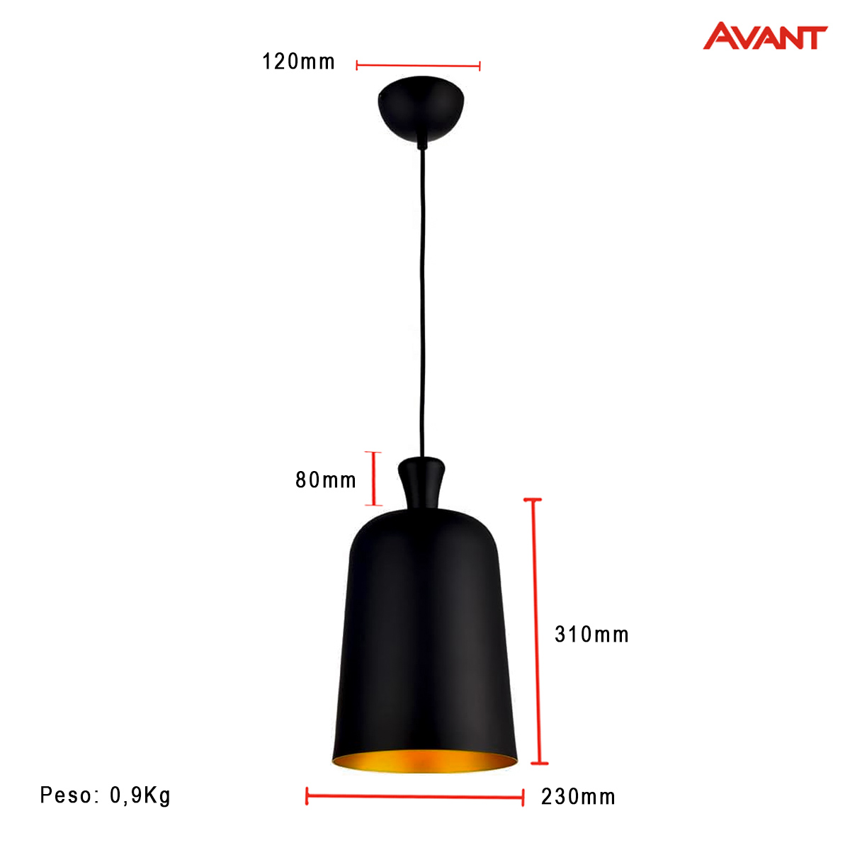 Luminária Pendente Bell Preto Fosco/Dourado 40W E27 310x230mm Concept Avant