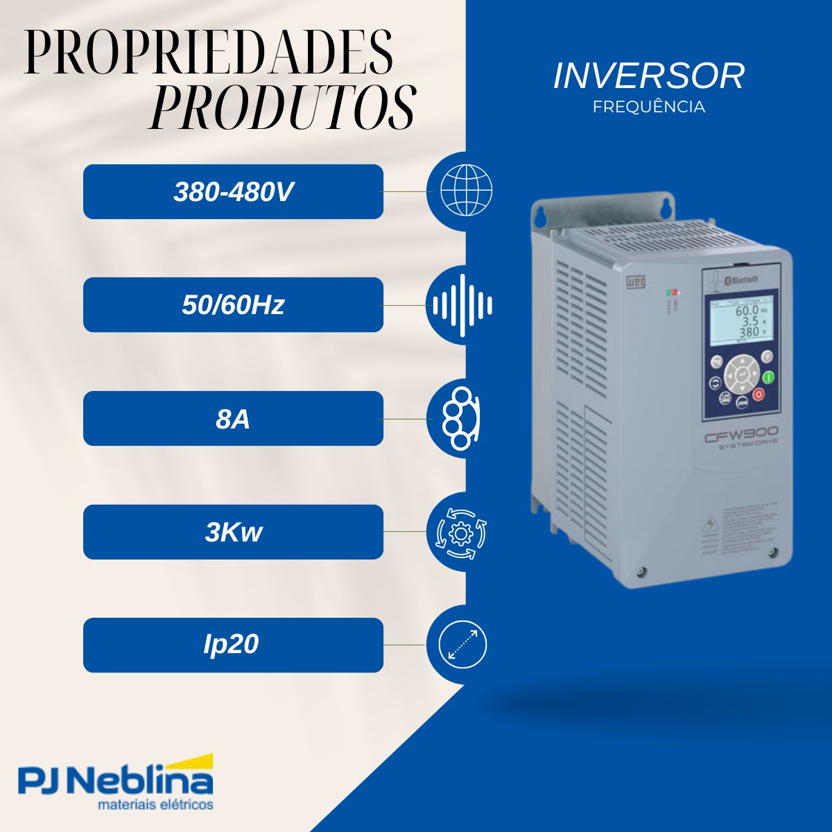 Inversor Frequência Trifásico 380-480V 50/60Hz 8A 3Kw C/Filtro - Weg