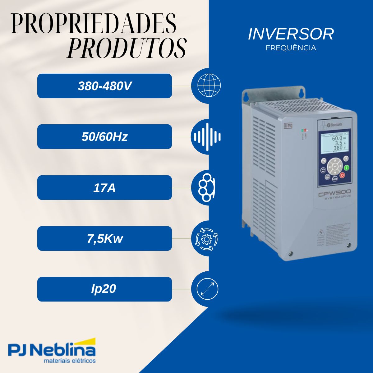 Inversor Frequência Trifásico 380-480V 50/60Hz 17A 7,5Kw C/Filtro - Weg
