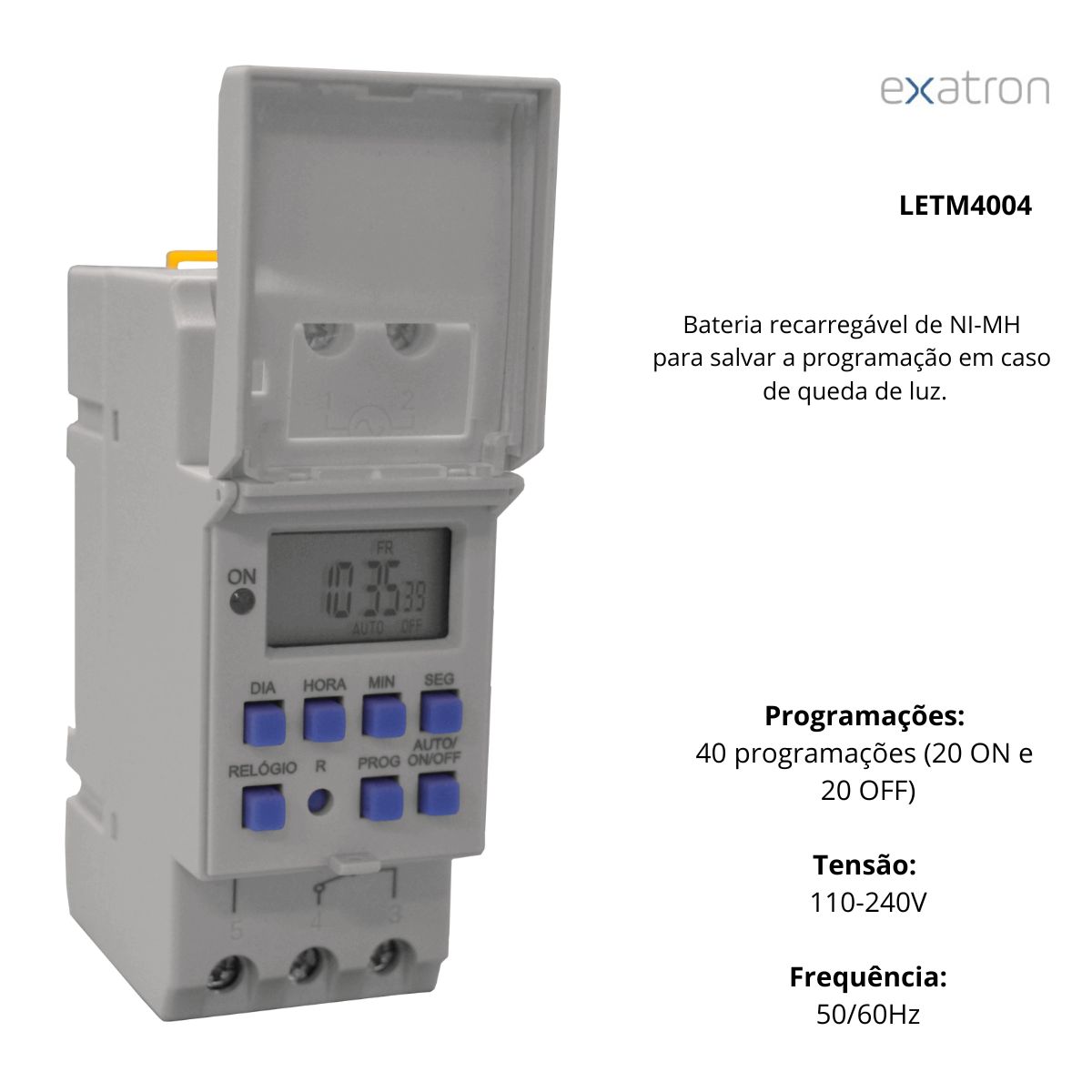 Timer Temporizador Digital Bivolt Trilho Din Ate 40 Programas 1Seg 16A LETM4004 Exatron