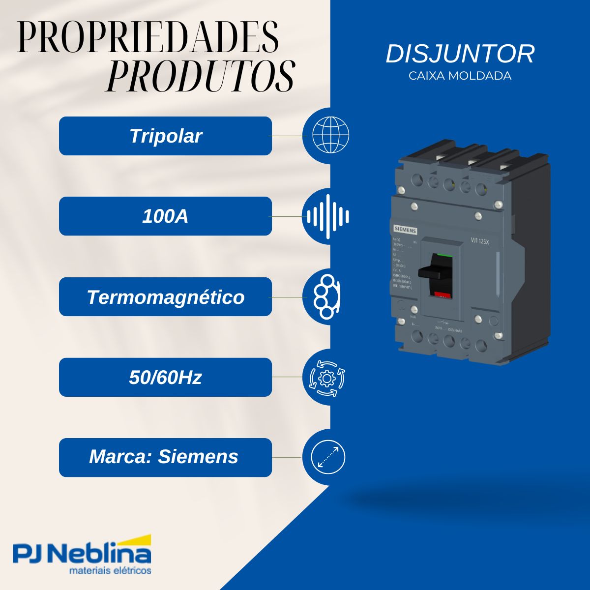 Disjuntor Caixa Moldada Tripolar 100A 18Ka 380/415V 50/60Hz - Siemens