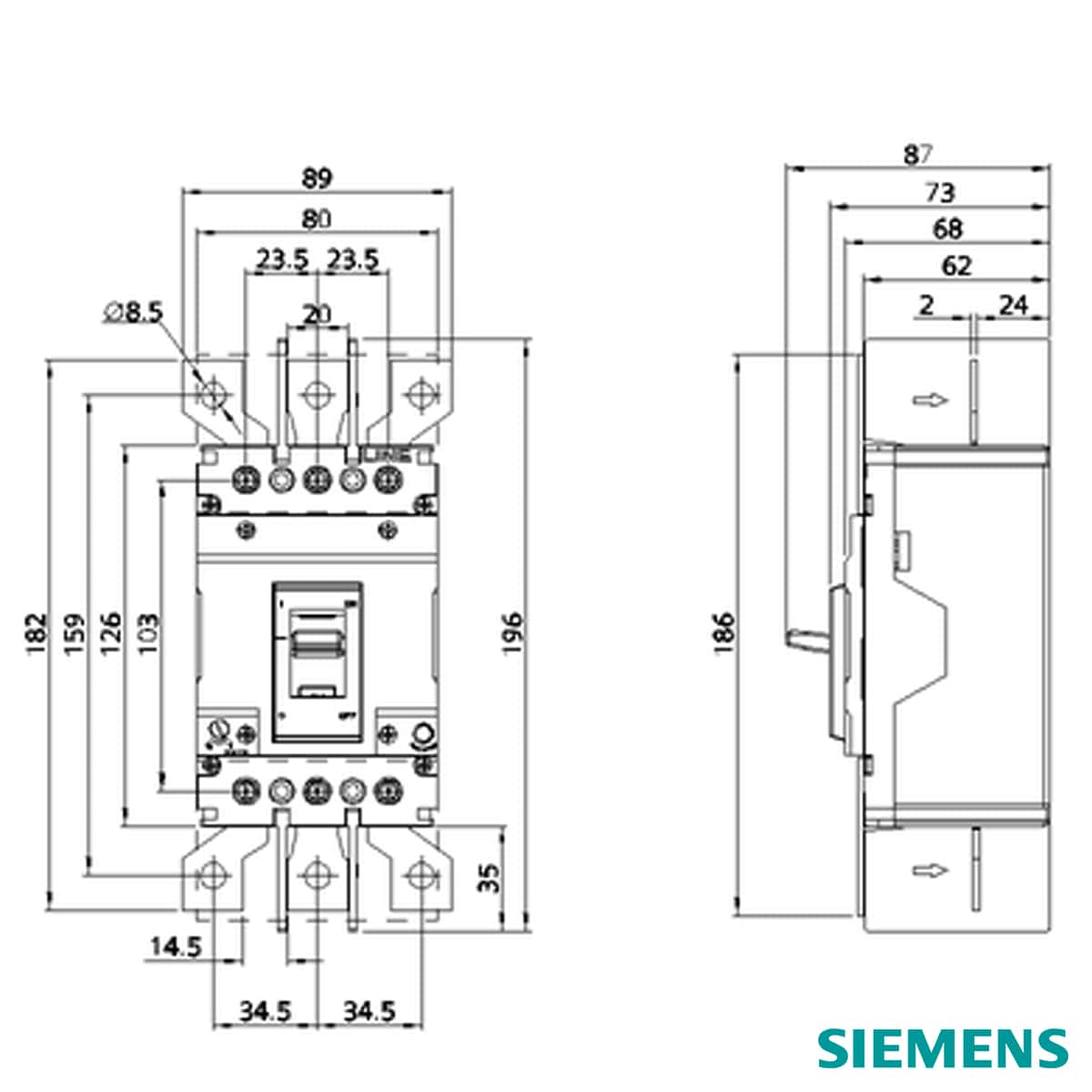 Disjuntor Caixa Moldada Tripolar 125A 18Ka 380/415V 50/60Hz Ip42 3VJ10121DA320AA0 Siemens