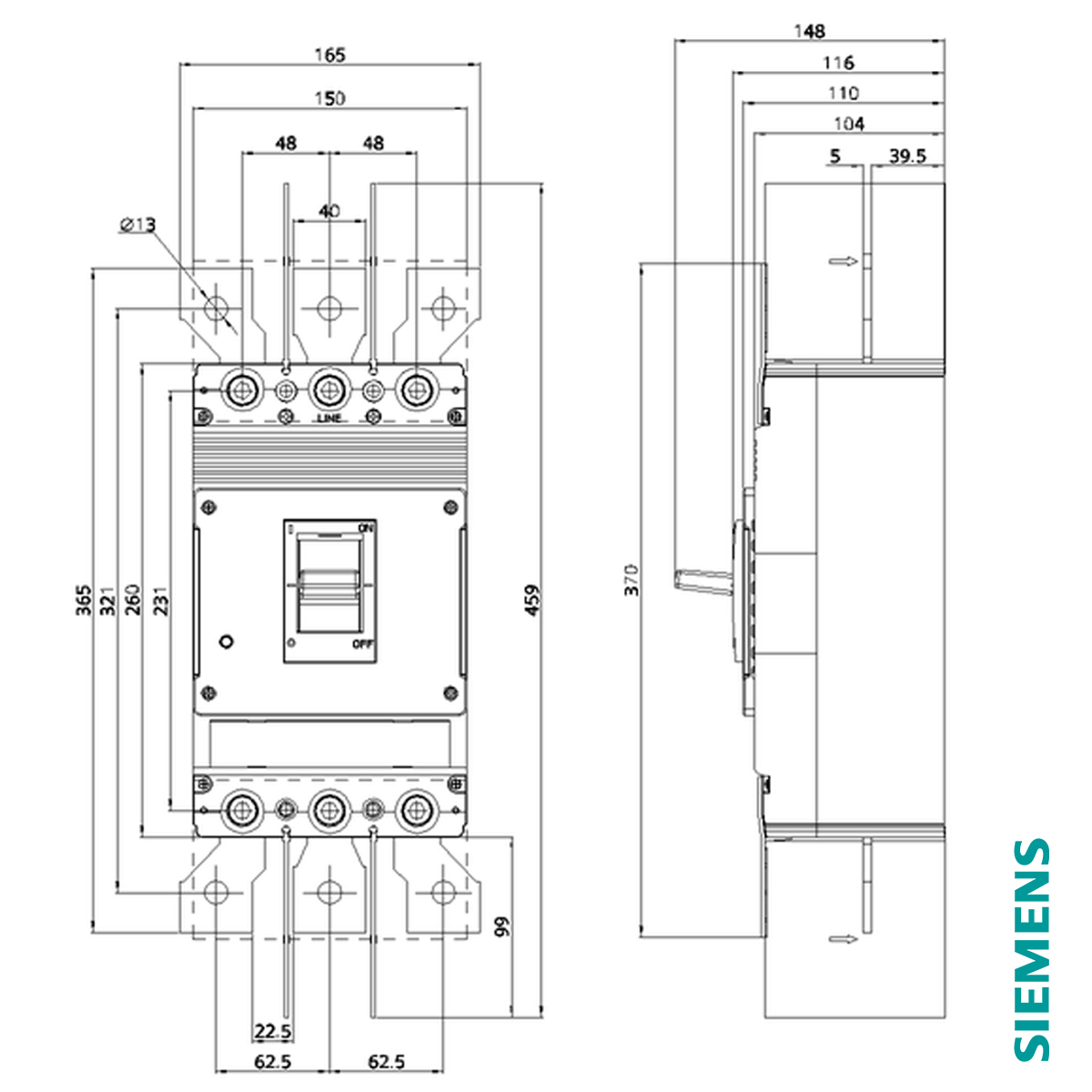 Disjuntor Caixa Moldada Tripolar 320A 25Ka 380/415V 50/60Hz Ip42 3VJ13323DA320AA0 Siemens