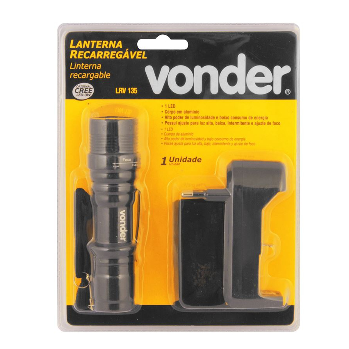 Lanterna Recarregável Lrv135 Led Cree 3W Preto 8000K 180Lm Bivolt - Vonder