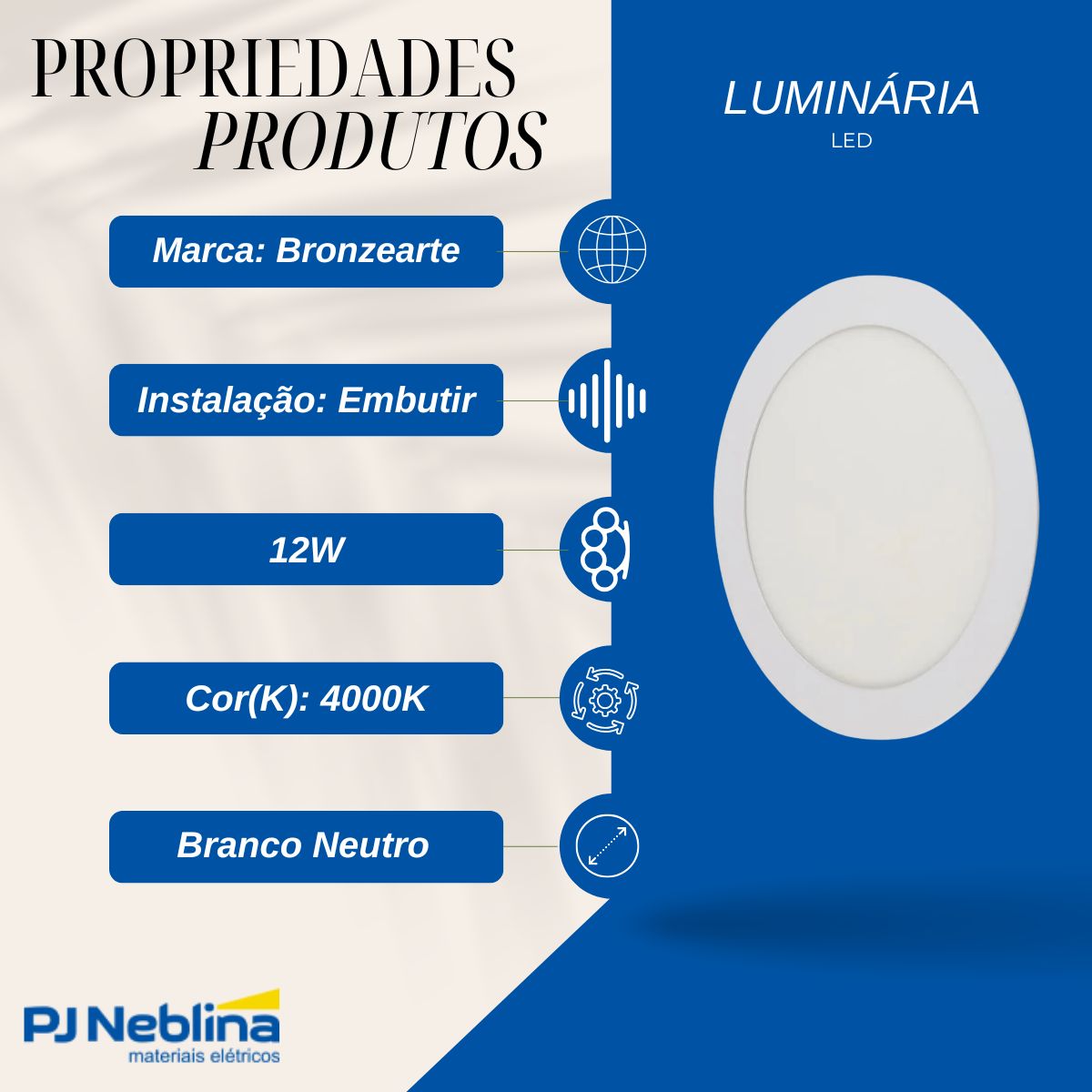 Luminária Painel Led Embutir Redondo Branco 12W Bivolt 4000K Branco Neutro 1020Lm Difusor Acrílico - Bronzearte