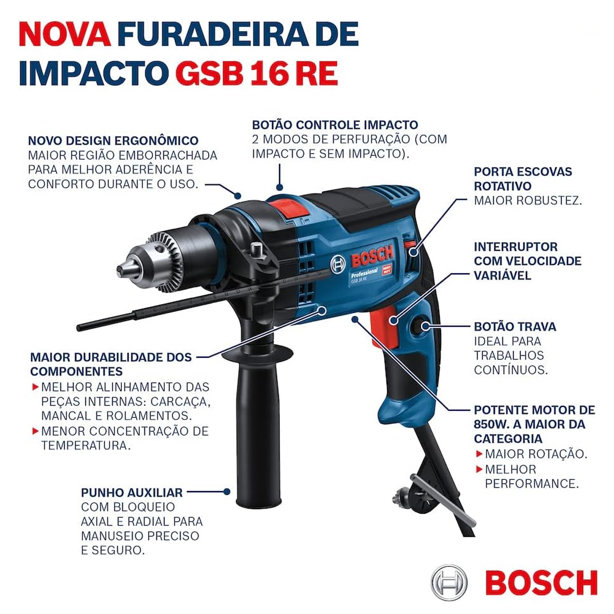 Furadeira De Impacto 220V 850W 1/2 Polegadas Gsb 16 Re - Bosch