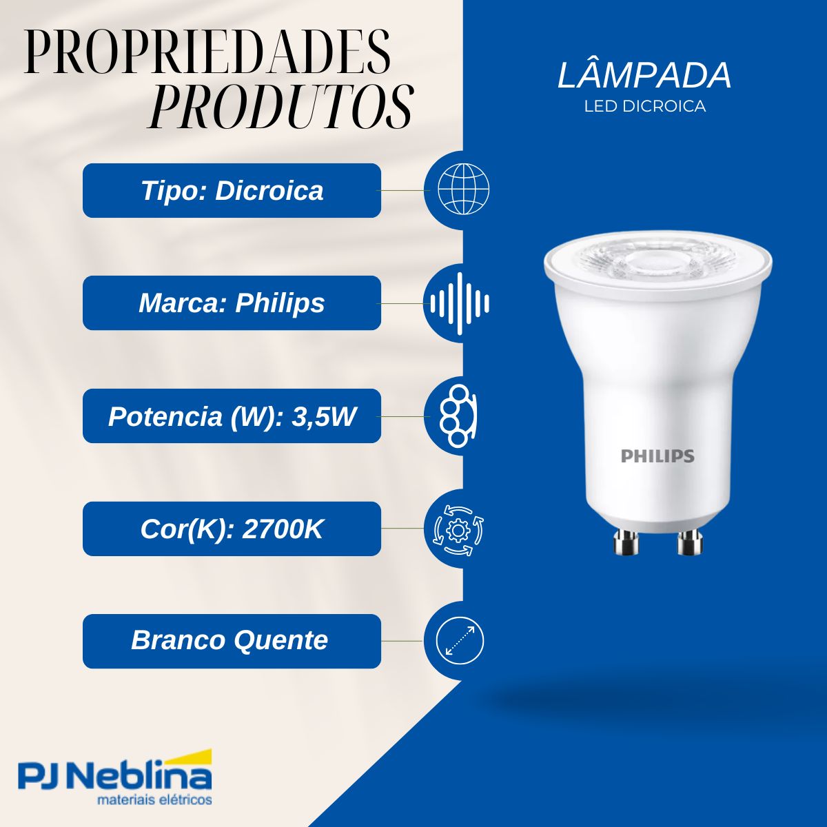 Lâmpada Led Dicroica Mr11 3,5W Bivolt Gu10 2700K Branco Quente Luz Amarela 250Lm 36G - Philips