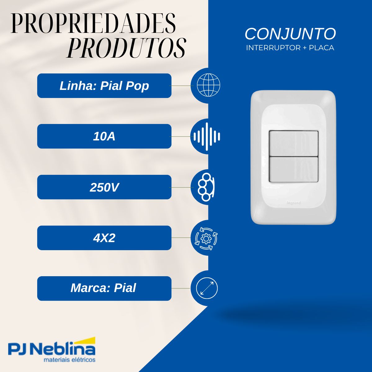 Conjunto 1 Interruptor Simples + 1 Interruptor Paralelo 10A 250V C/Placa 4X2 Branco Pial Pop - Pial