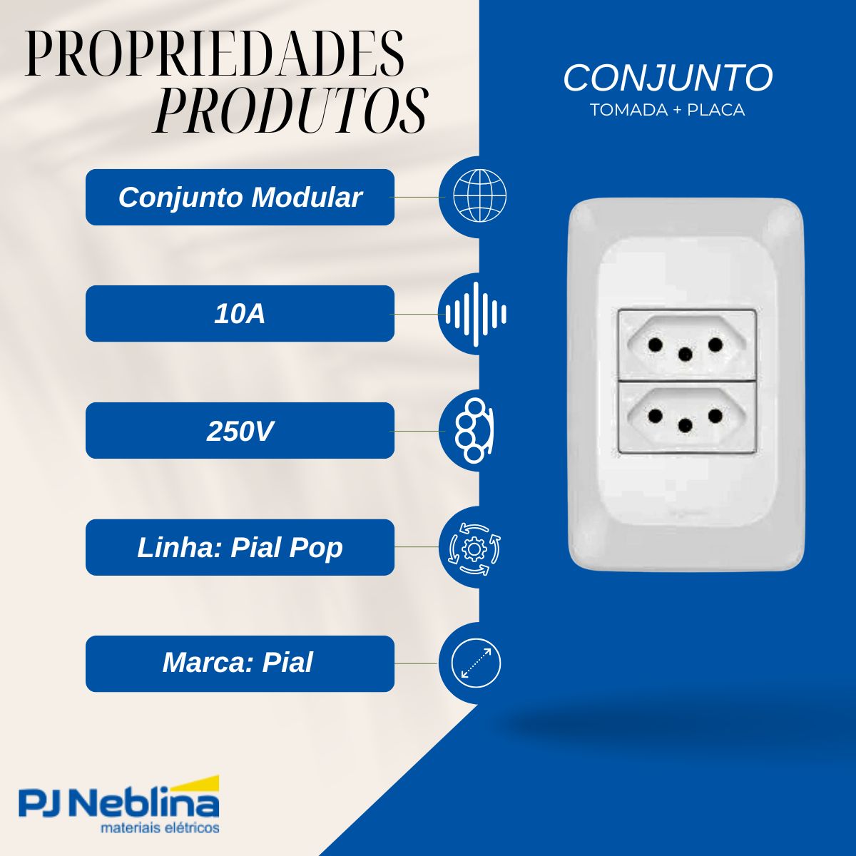 Conjunto 2 Tomadas 2P+T 10A 250V C/Placa 4X2 Branco Pial Pop - Pial