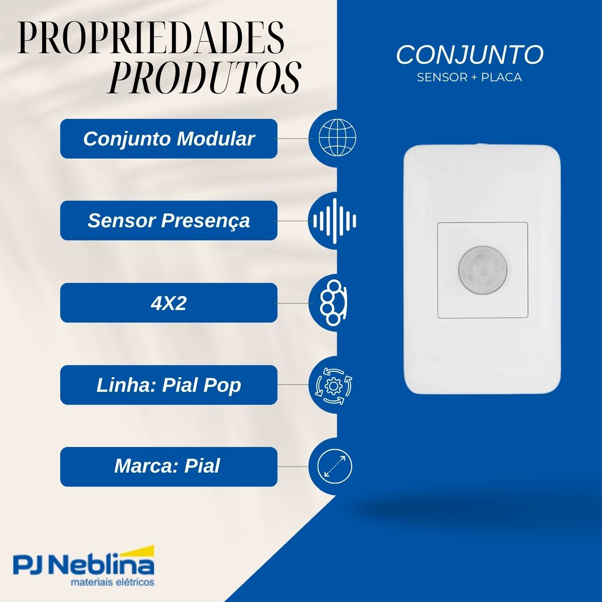 Conjunto Sensor Presença C/Placa 4X2 Branco Pial Pop - Pial