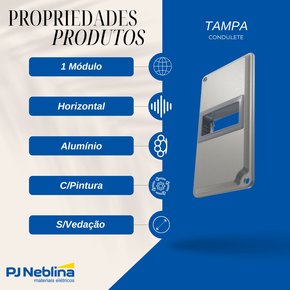 Tampa Condulete 1 Mod Horizontal Alumínio 1Pol C/Pintura Cinza S/Vedação - Wetzel