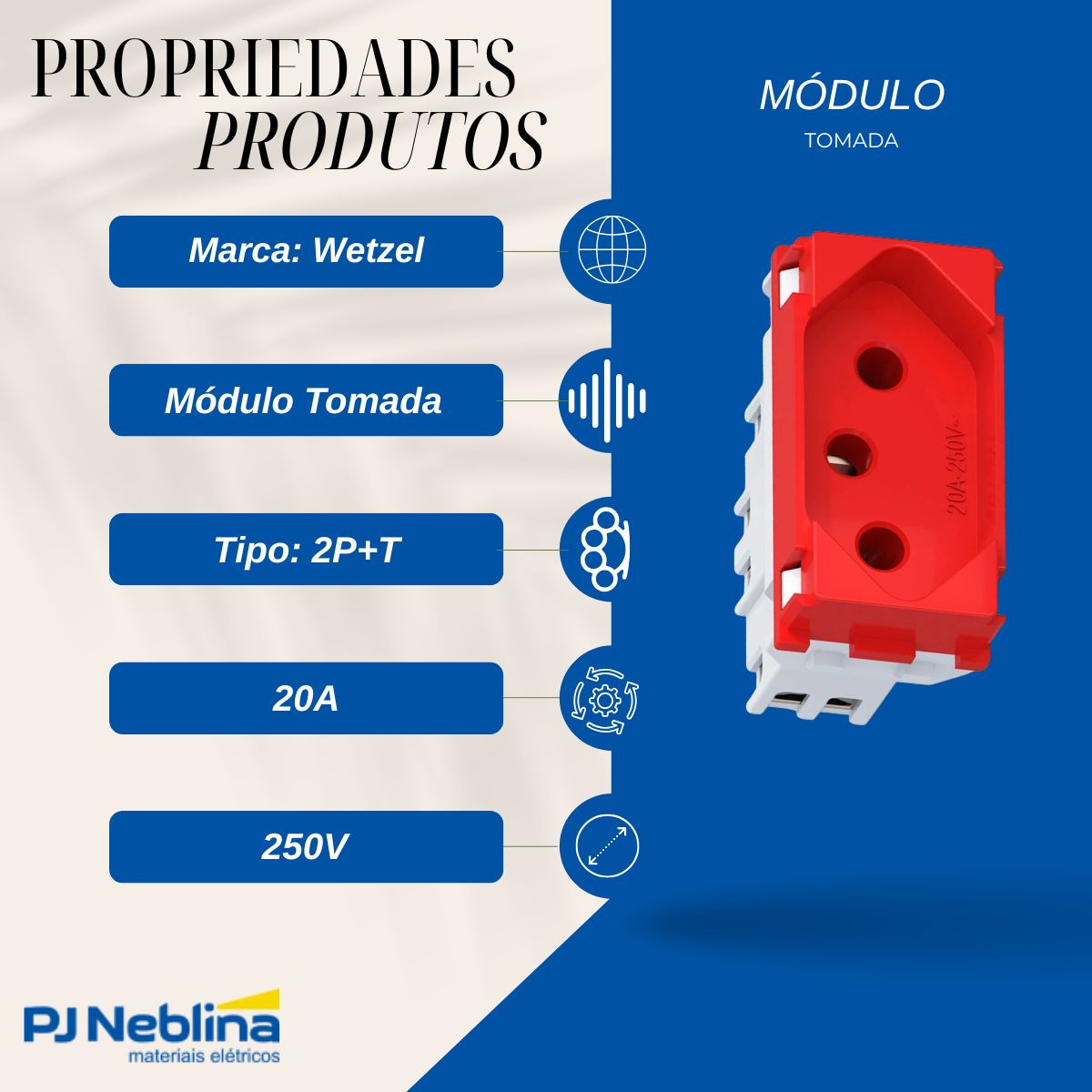 Módulo Tomada 2P+T 1 Módulo 20A 250V Vermelho Industrie - Wetzel