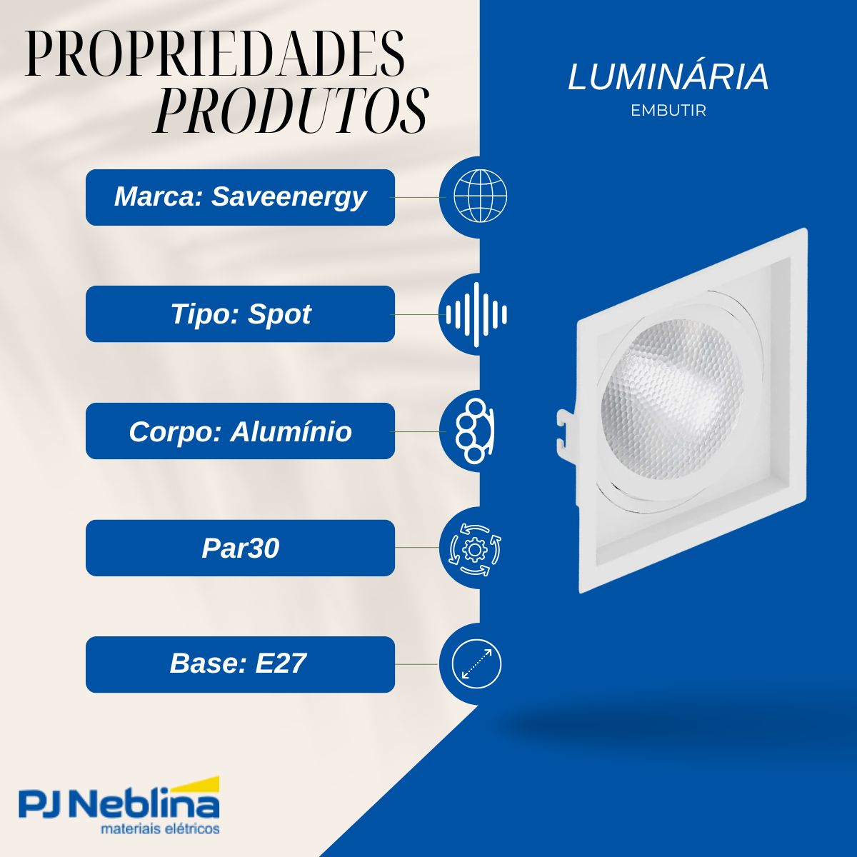 Luminária Spot Embutir Quadrado Branco P/Lâmpada Par30 E27 Recuado - Saveenergy