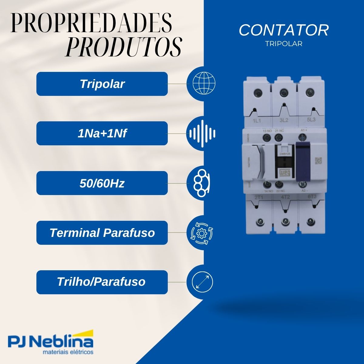 Contator Potencia Tripolar 125A 24-60Vca/Cc 1Na+1Nf 50/60Hz - Weg