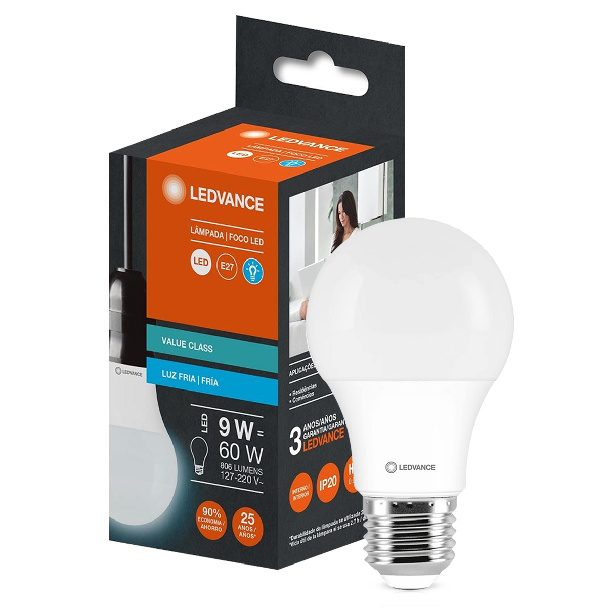 Lâmpada Led Bulbo A60 9W Bivolt E27 6500K Luz Branca - Ledvance