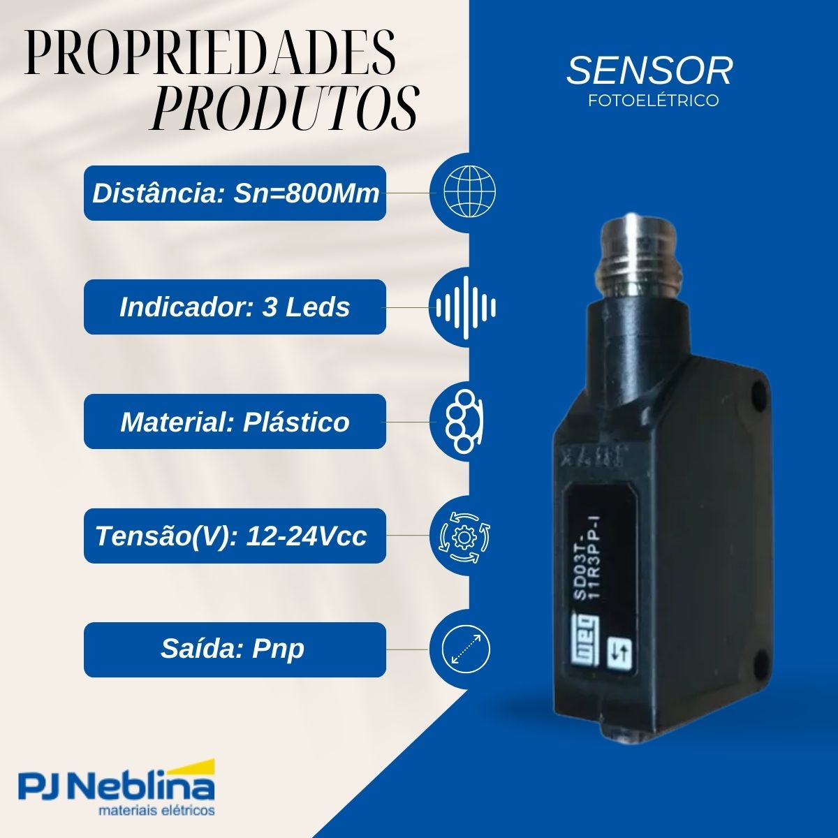 Sensor Fotoelétrico Difuso Sn=800Mm 31X20X11,2Mm Plástico 12-24Vcc Conector M8 Pnp IP67 3 Leds Weg