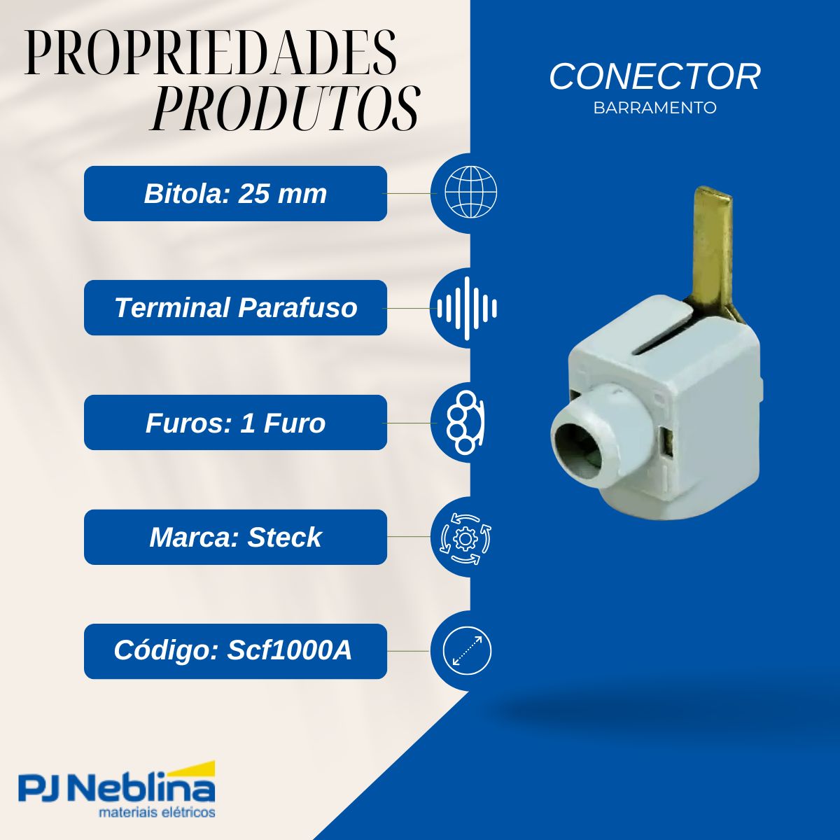 Conector Barramento Genérico 25 mm Terminal Parafuso 1 Furo - Steck