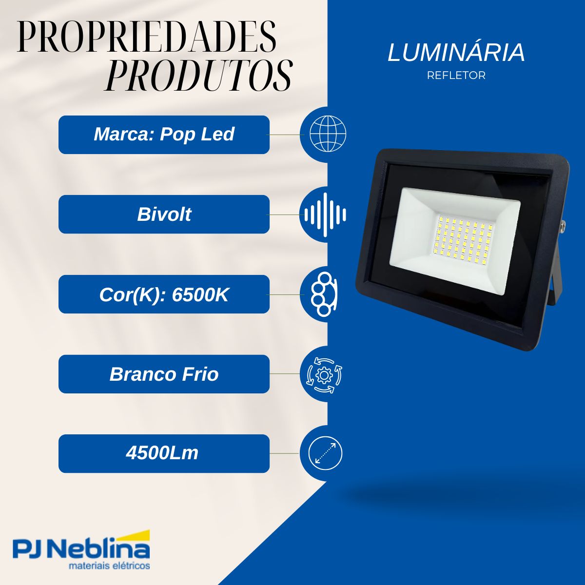 Luminária Refletor Led Retangular Sobrepor Preto 50W Bivolt 6500K Branco Frio 4500Lm Difusor Vidro Temperado 120G Ip66 - Popled