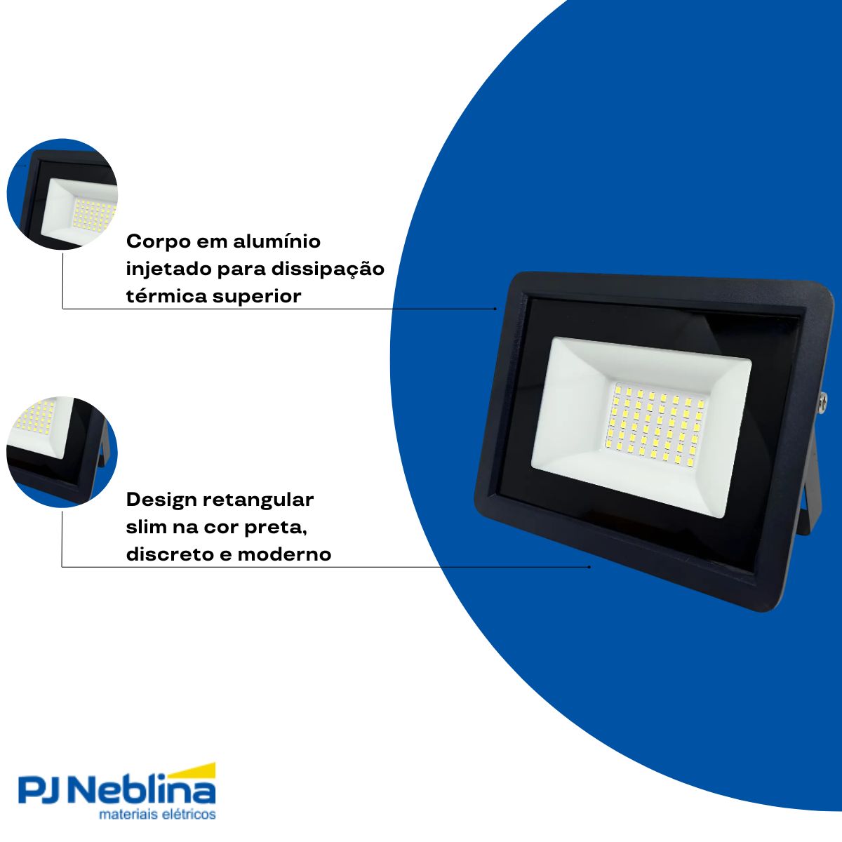 Luminária Refletor Led Retangular Sobrepor Preto 50W Bivolt 6500K Branco Frio 4500Lm Difusor Vidro Temperado 120G Ip66 - Popled
