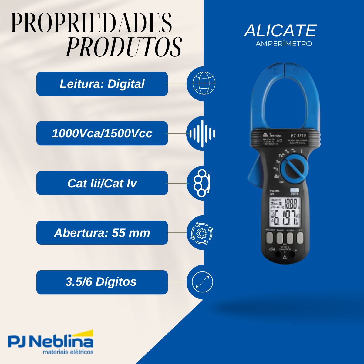 Alicate Amperímetro Digital True Rms 2000Aca/Cc 1000Vca/1500Vcc Cat Iii/Cat Iv C/Detector Tensão/Leitor - Minipa