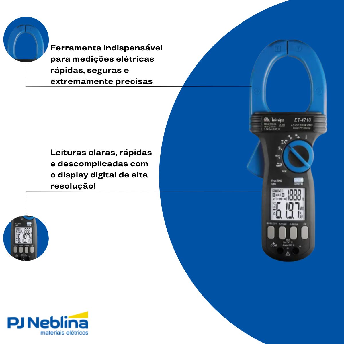 Alicate Amperímetro Digital True Rms 2000Aca/Cc 1000Vca/1500Vcc Cat Iii/Cat Iv C/Detector Tensão/Leitor - Minipa
