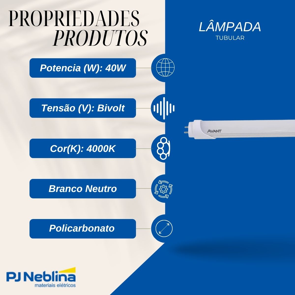 Lâmpada Led Tubular Ho T8 40W Bivolt G13 4000K Branco Neutro Luz Branca 3800Lm 2400 mm Policarbonato - Avant