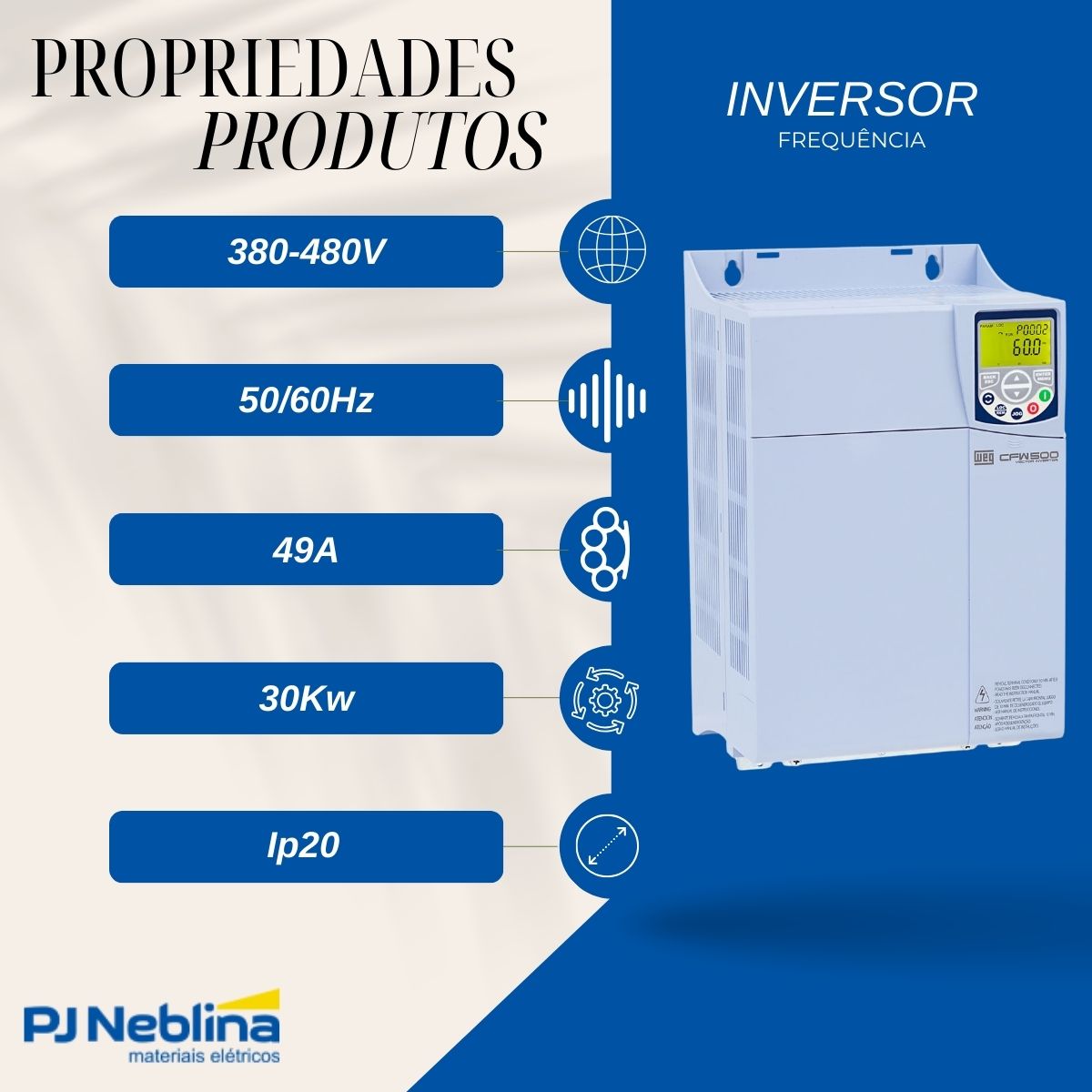 Inversor Frequência Trifásico 380-480V 50/60Hz 49A 30Kw - Weg