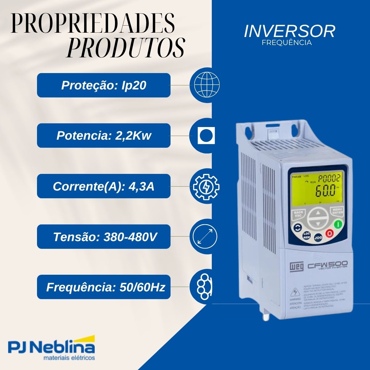 Inversor Frequência Trifásico 380-480V 50/60Hz 4,3A 2,2Kw - Weg