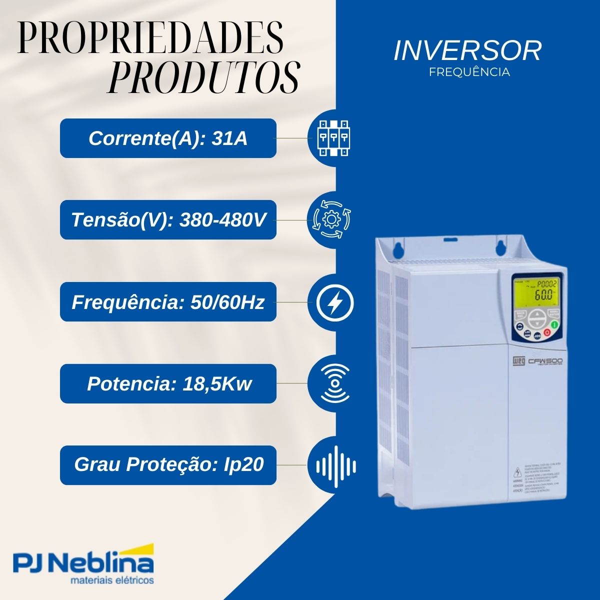 Inversor Frequência Trifásico 380-480V 50/60Hz 31A 18,5Kw - Weg