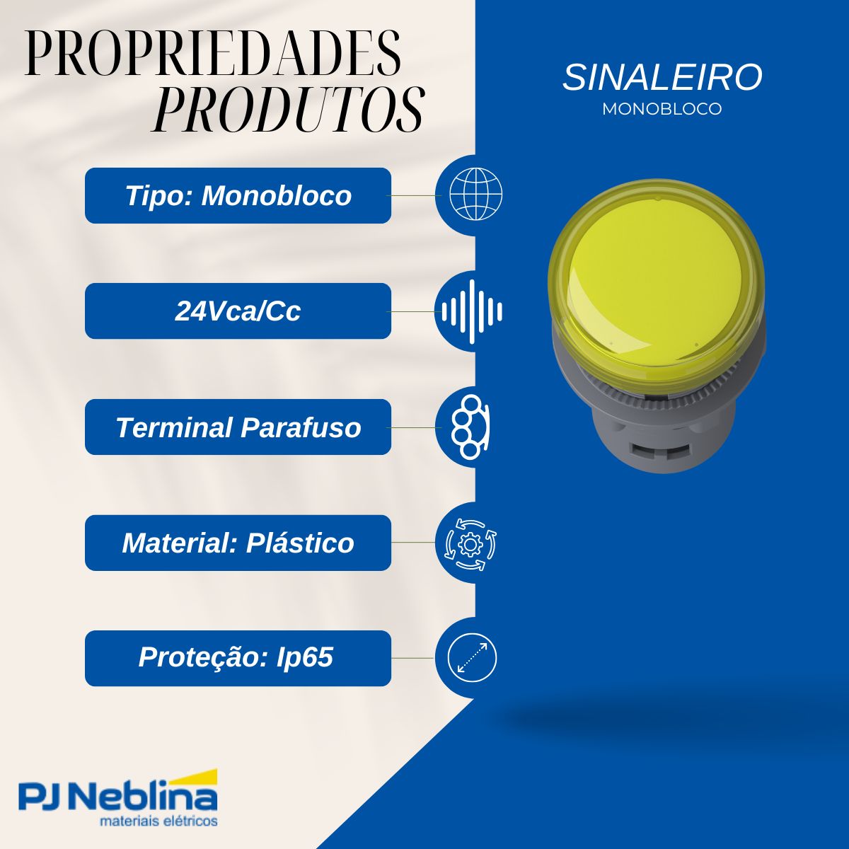 Sinaleiro Monobloco Faceado Redondo 22Mm 24Vca/Cc Plástico Led Amarelo Terminal Parafuso Plástico Preto Ip65 - Schneider