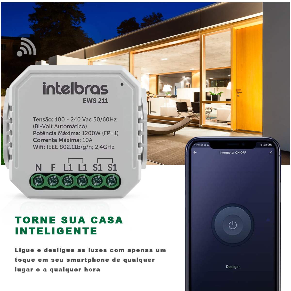 Módulo Interruptor Interno Inteligente Smart 10A Android/iOS Com Comando De Voz - Intelbras