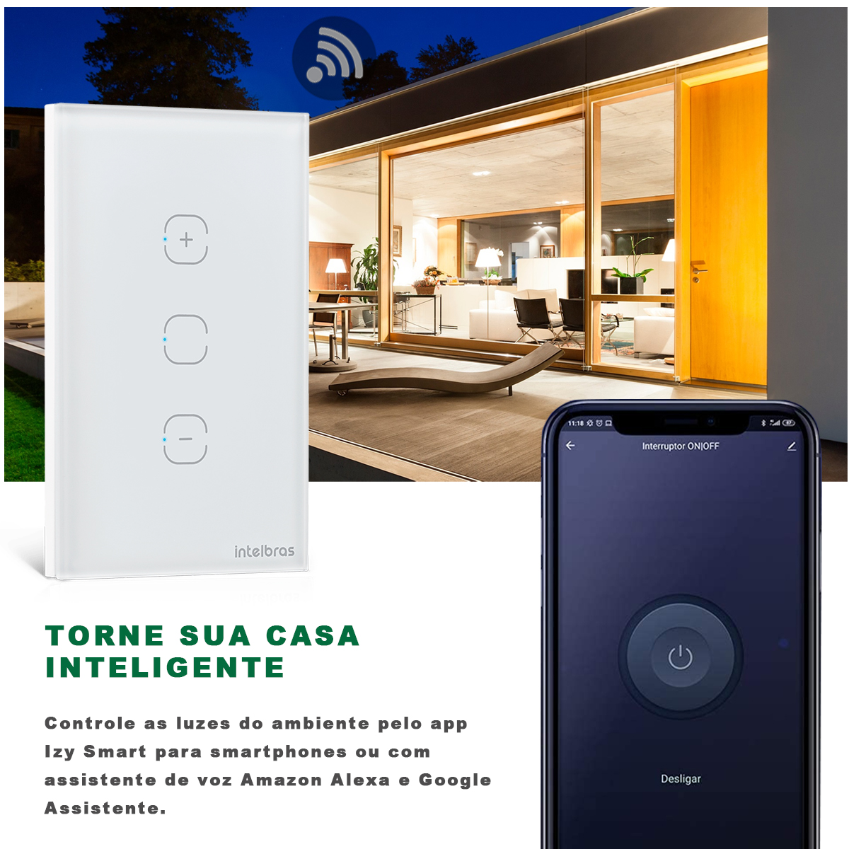Interruptor Inteligente Smart Wifi Dimmer Touch 3 Botões Bivolt 4X2 Branco Android/iOS - Intelbras