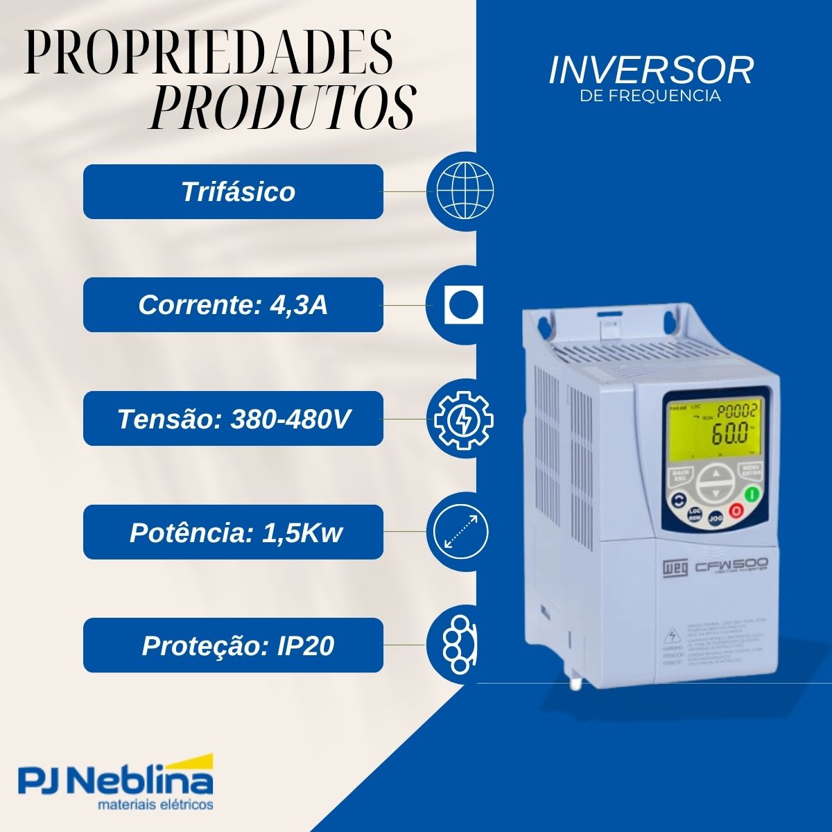 Inversor Frequência Trifásico 380-480V 50/60Hz 4,3A 1,5Kw - Weg