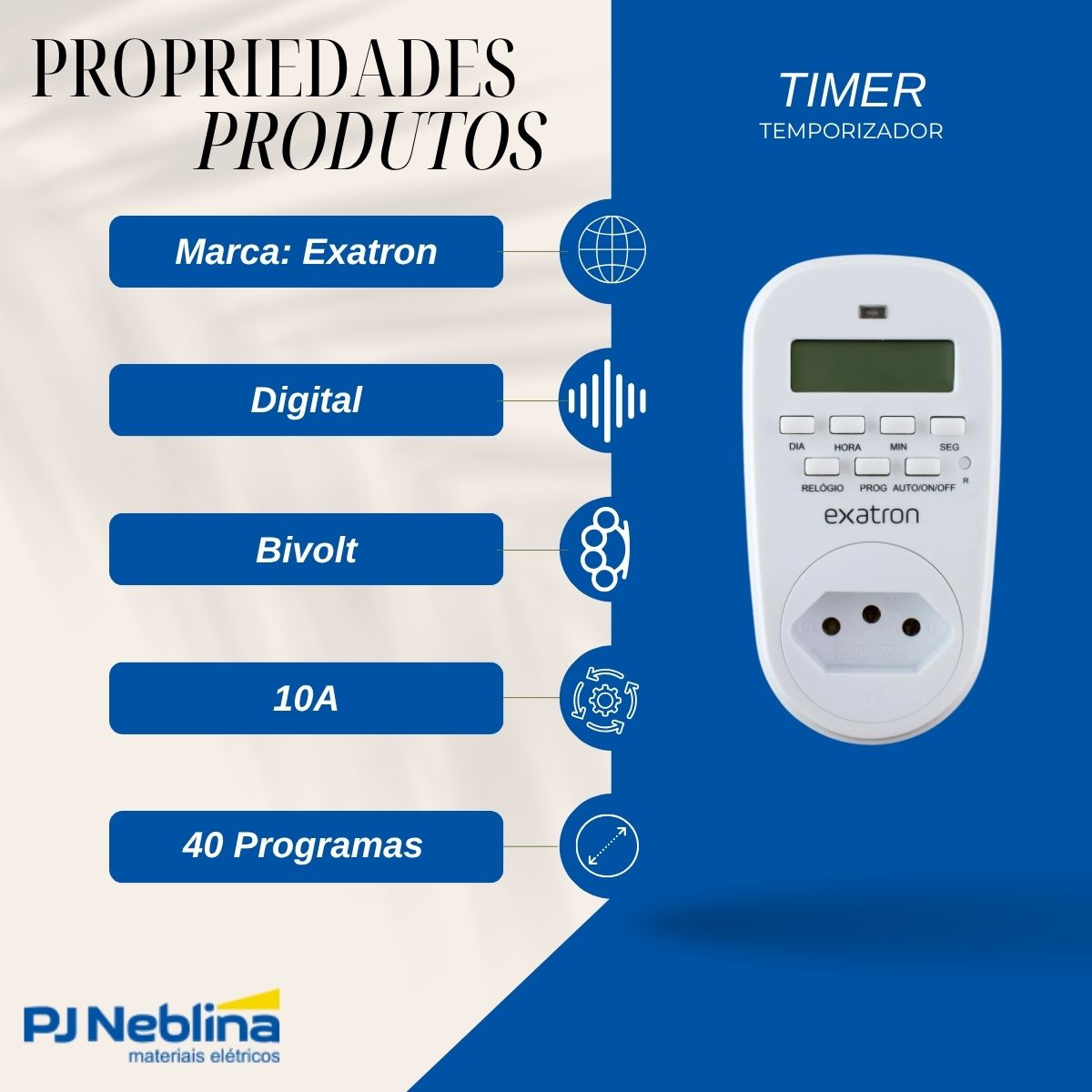 Timer Temporizador Digital Bivolt Ate 40 Programas 1Seg 10A - Exatron