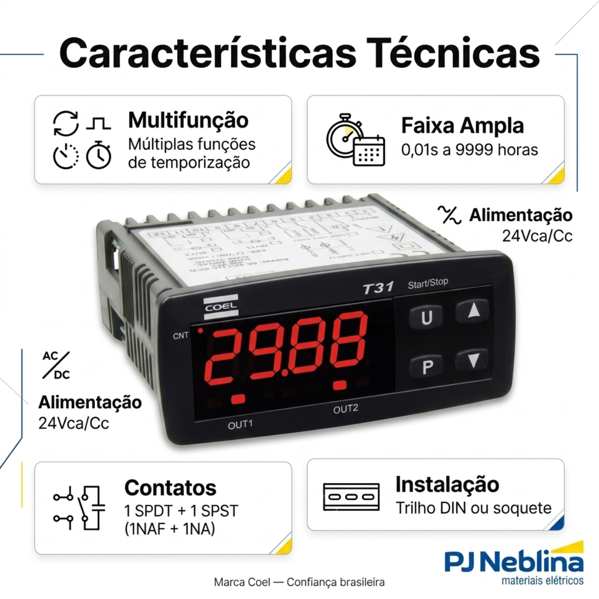 Rele Temporizador Digital Multifunção 0,01Seg-9999H 1 Spdt+1 Spst (1Naf+1Na) 24Vca/Cc - Coel