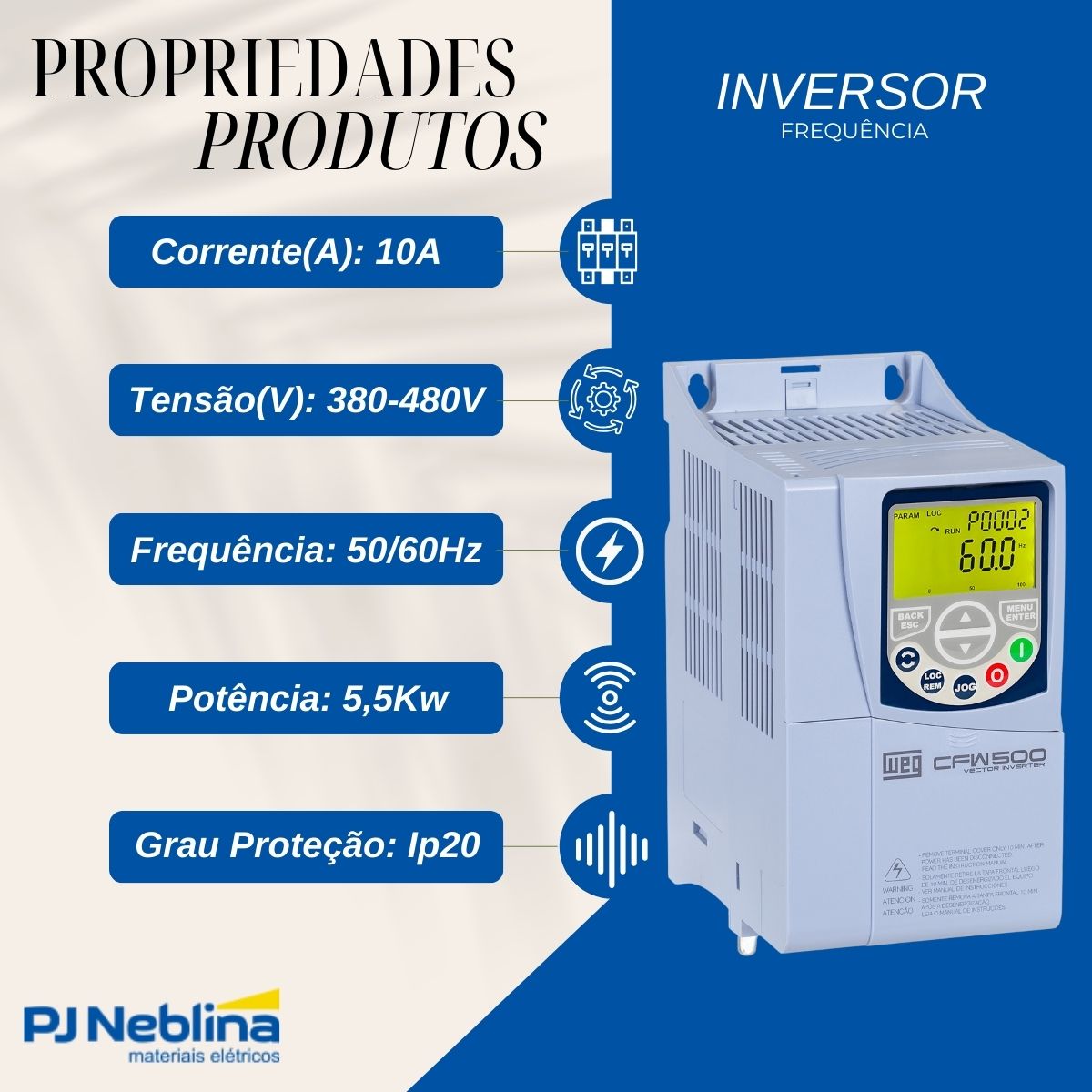 Inversor Frequência Trifásico 380-480V 50/60Hz 10A 5,5Kw - Weg