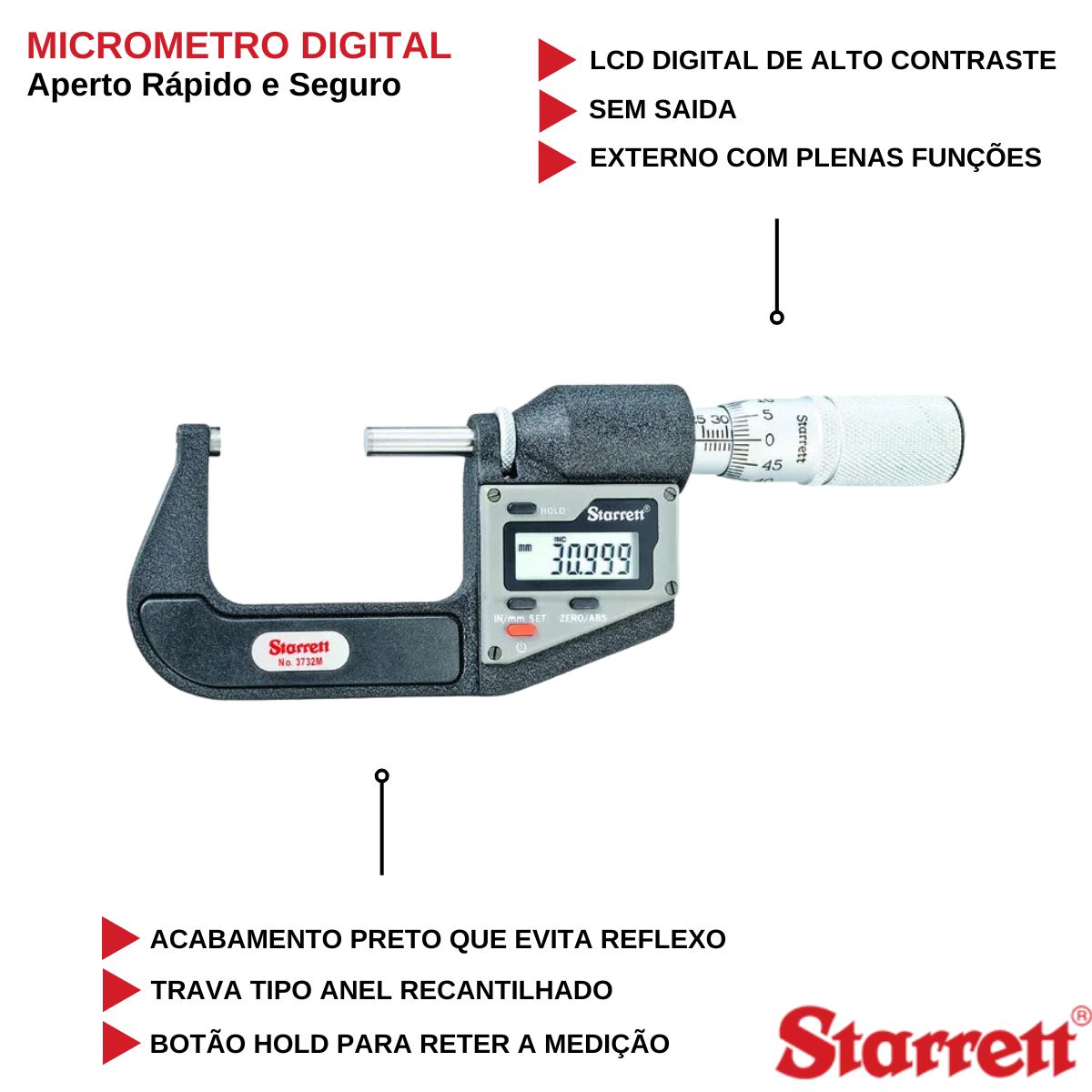 Micrometro Externo Digital 25-50Mm (1-2") Sem Saída 3732MEXFL-50 Starrett