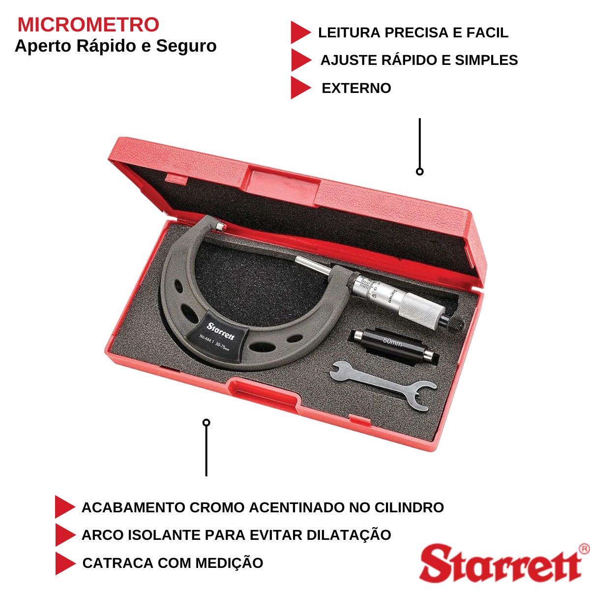 Micrometro Externo Com Isoladores No Arco 50-75X0,01Mm 444.1MXRL-75 Starrett