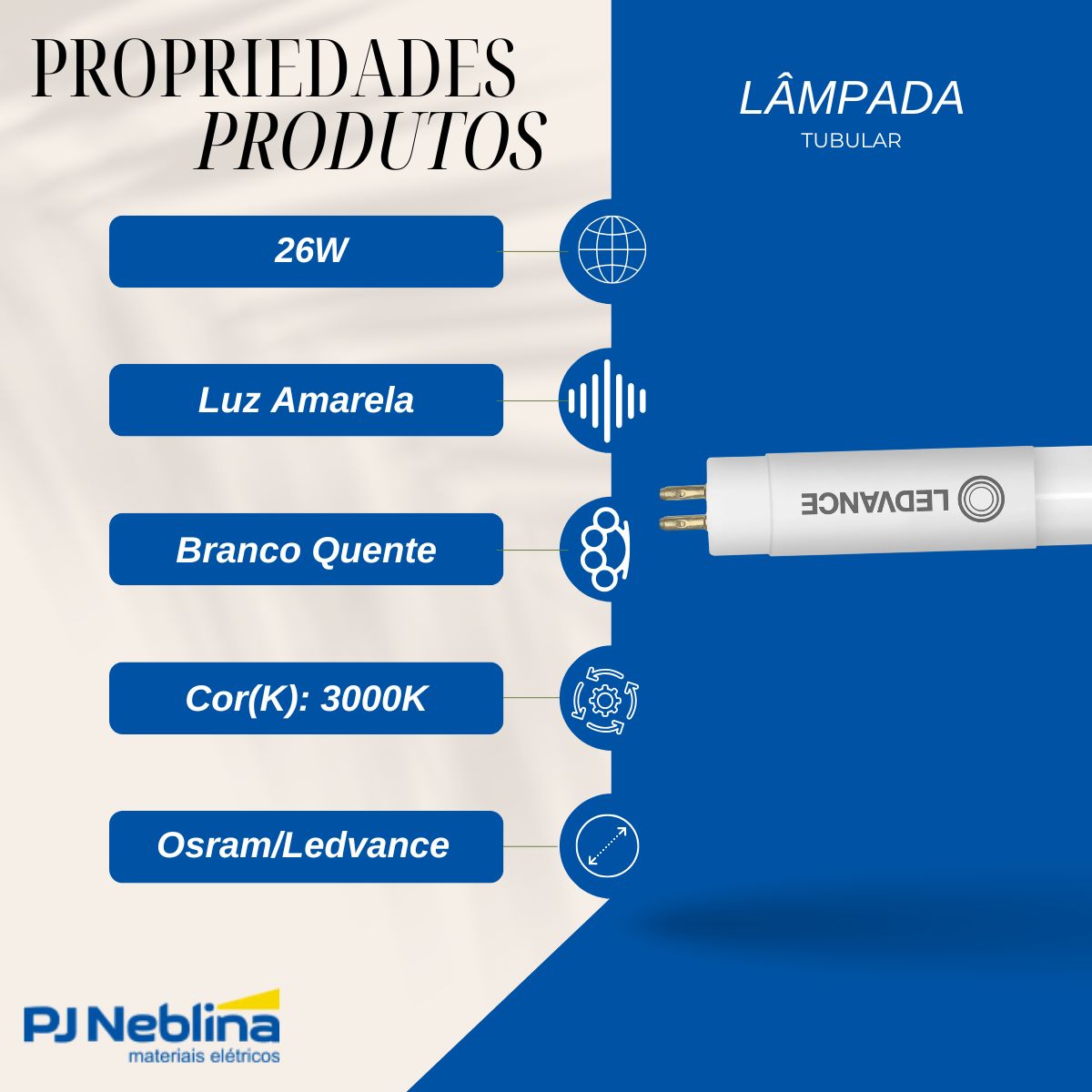 Lâmpada Led Tubular T5 26W Bivolt G5 3000K Branco Quente Luz Amarela 3510Lm 1200 mm - Ledvance