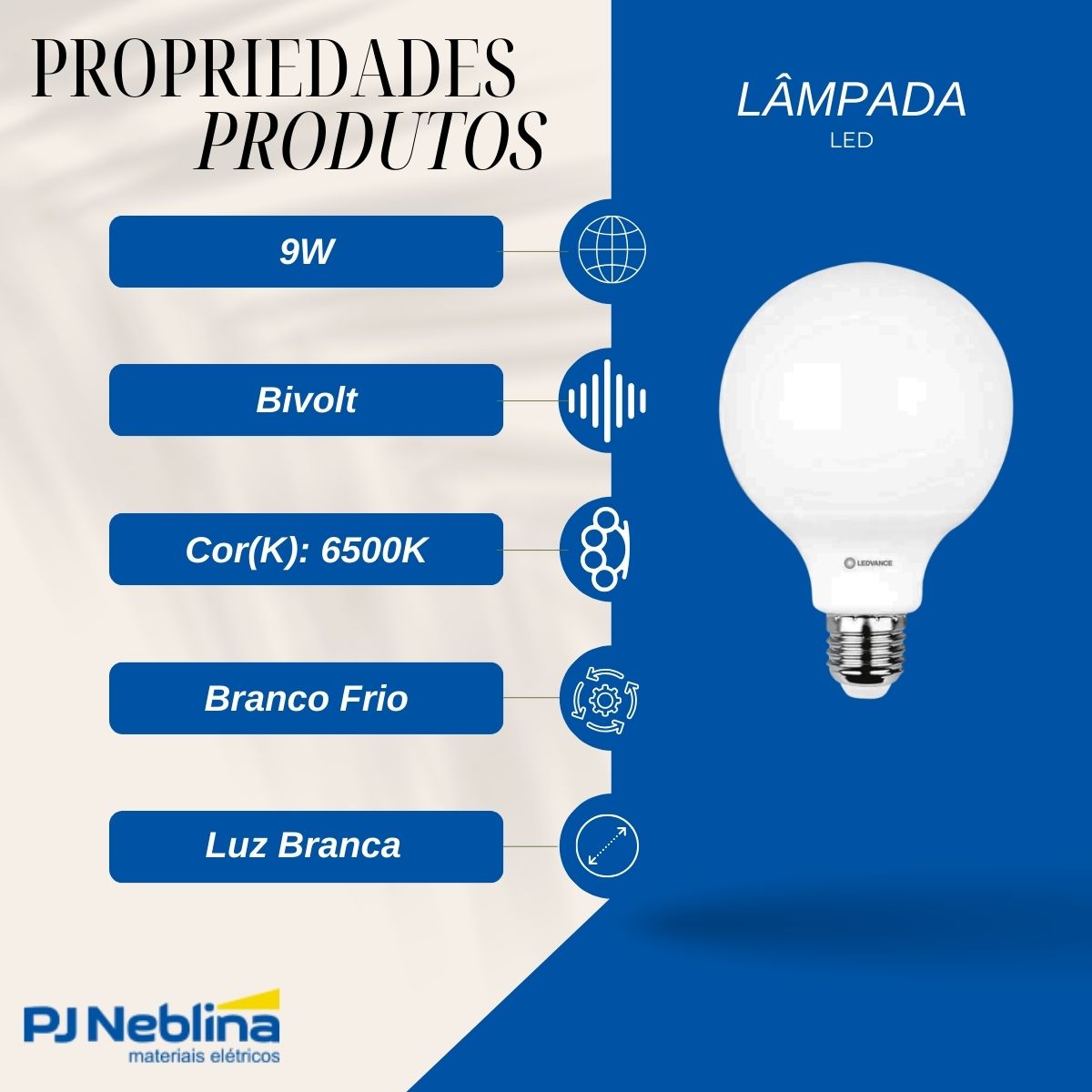 Lâmpada Led Globo G95 9W Bivolt E27 6500K Branco Frio Luz Branca 900Lm - Ledvance