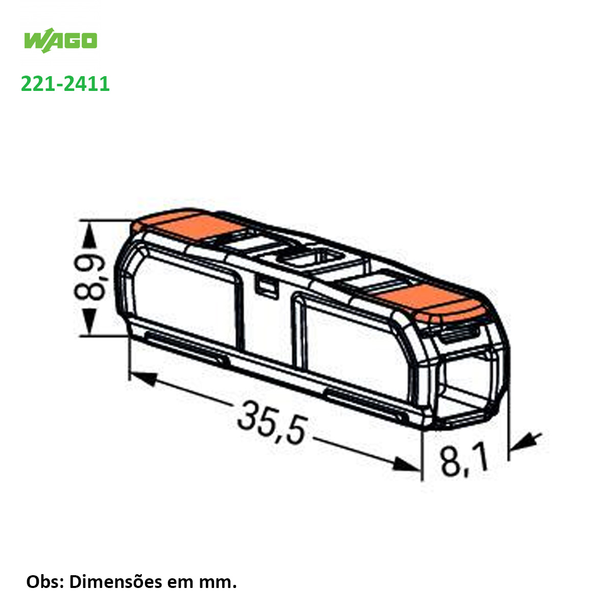 Conector Elétrico Emenda Fêmea Laranja/Transparente 2 Polos 4Mm Com Alavanca 221-2411 - Wago