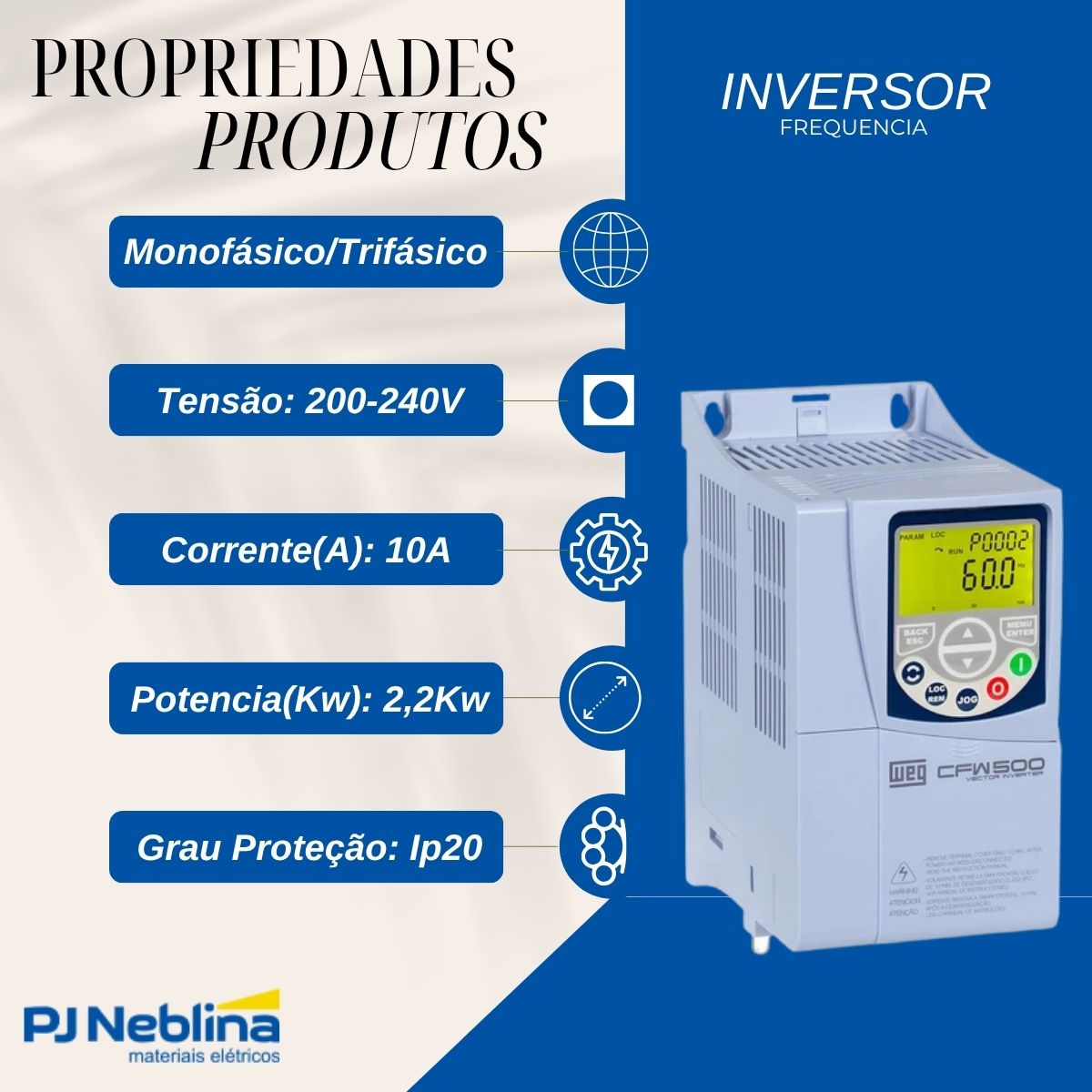 Inversor Frequência Monofásico/Trifásico 200-240V 50/60Hz 10A 2,2Kw - Weg
