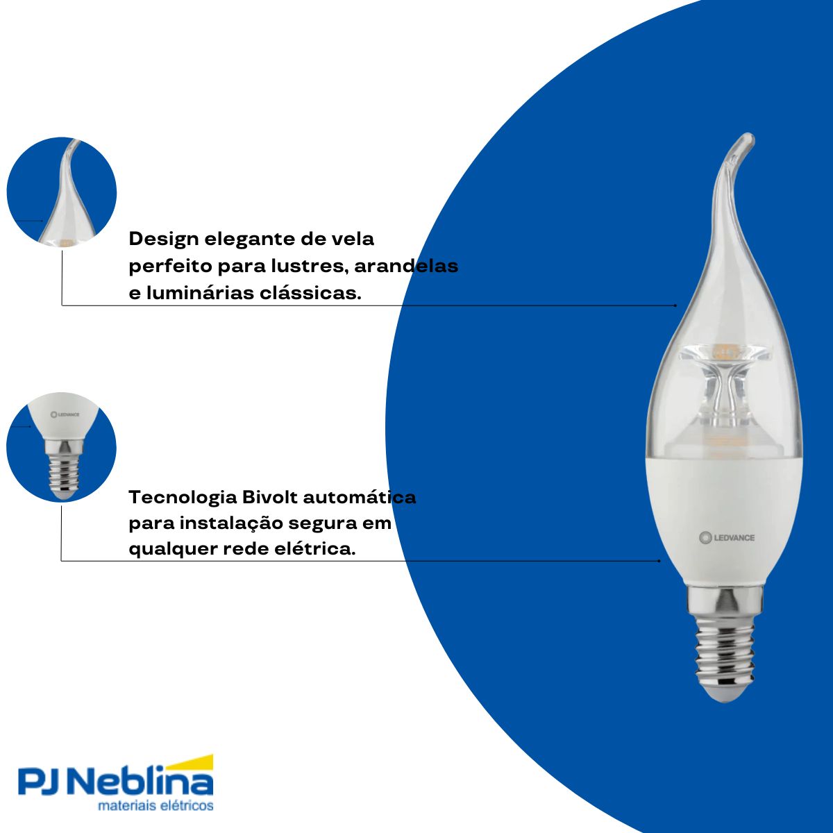 Lâmpada Led Vela Chama 3W Bivolt E14 2700K Branco Quente Luz Amarela 260Lm - Ledvance