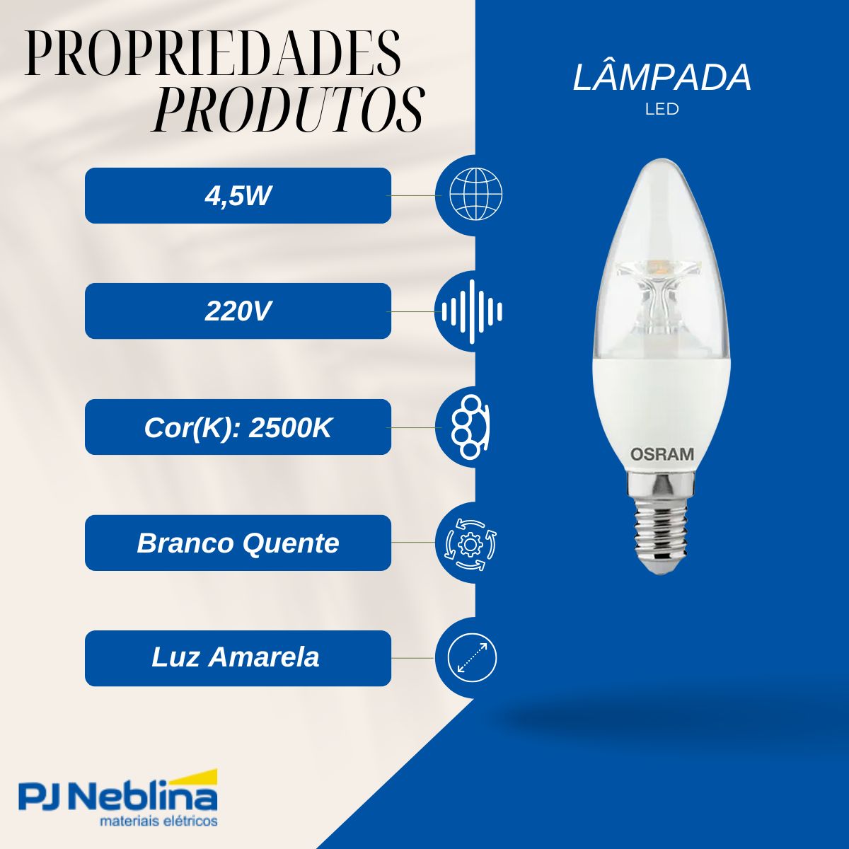 Lâmpada Led Filamento Vela 4,5W 220V E27 2500K Branco Quente Luz Amarela 420Lm Dimerizavel - Ledvance