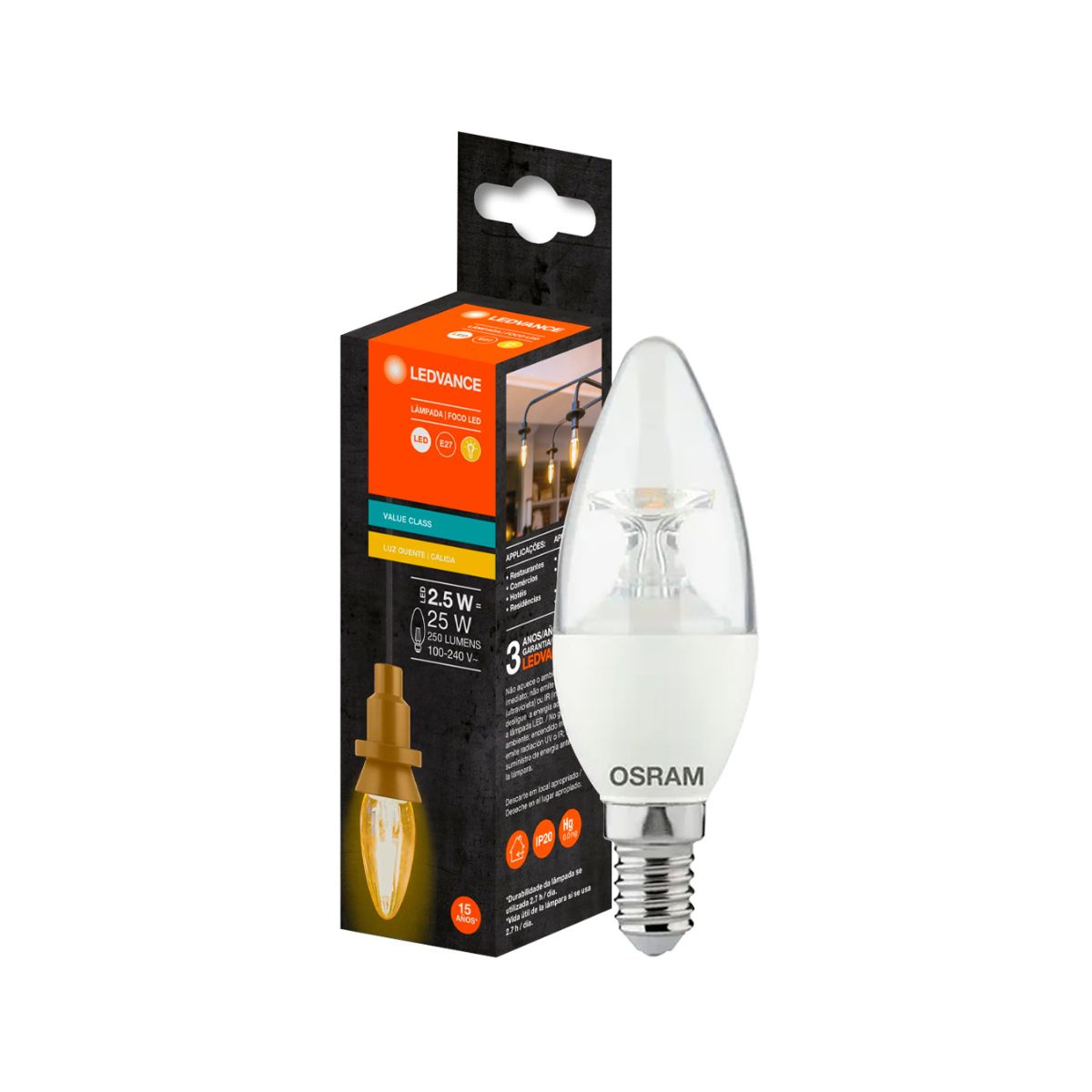 Lâmpada Led Filamento Vela 4,5W 220V E27 2500K Branco Quente Luz Amarela 420Lm Dimerizavel - Ledvance