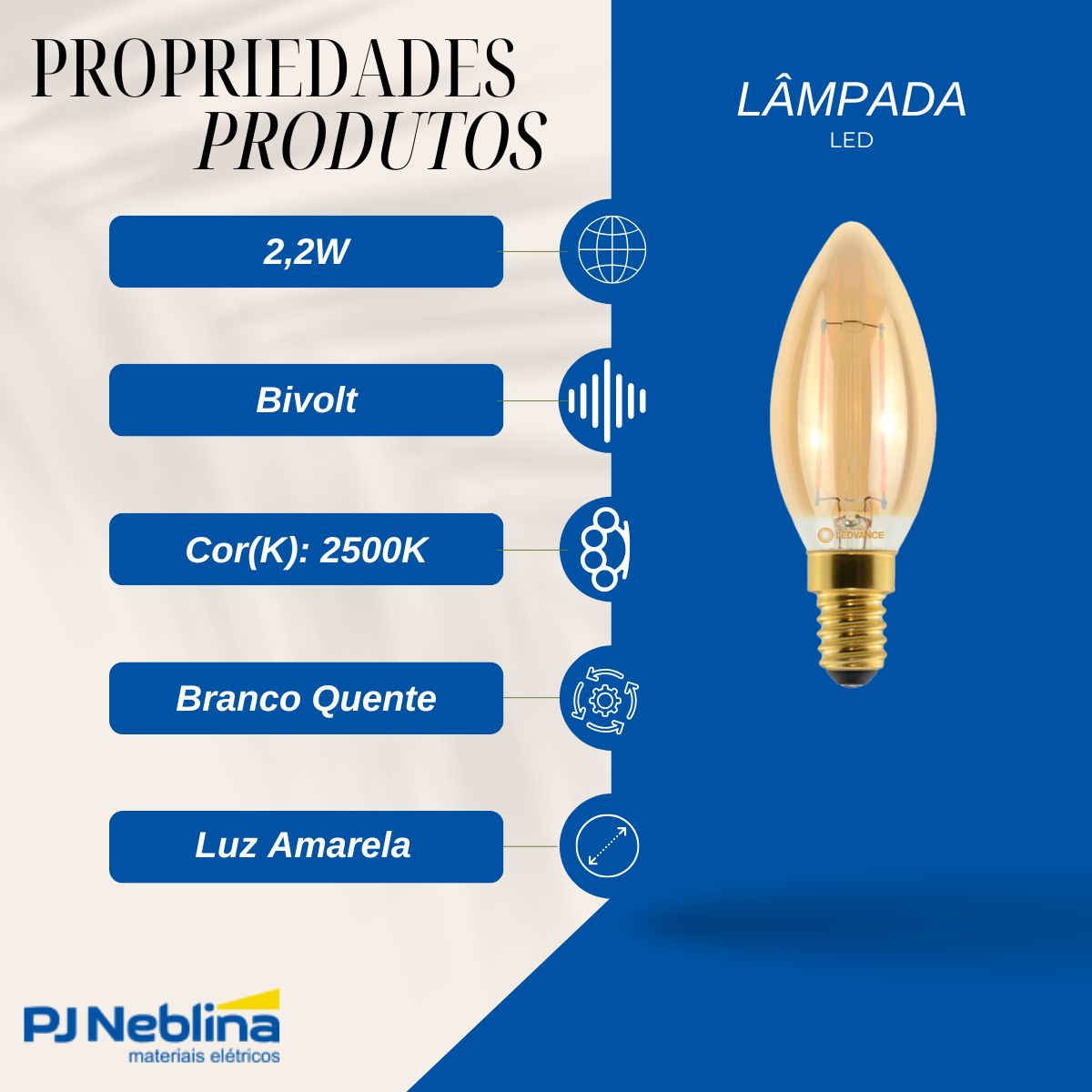 Lâmpada Led Filamento Vela 2,2W Bivolt E14 2500K Branco Quente Luz Amarela 210Lm - Ledvance